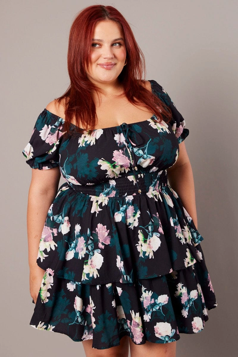 Relax Tones Mood Comfort Black Floral Shirred Waist Detail Layer Minidress