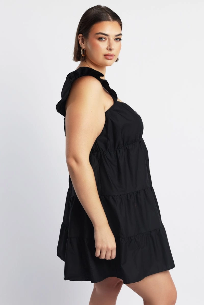 Texture Softness High-Low-Hem Black Flutter Sleeve Cotton Blend Minidress