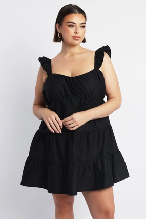 Black Flutter Sleeve Cotton Blend Minidress Effortless weekend dress
