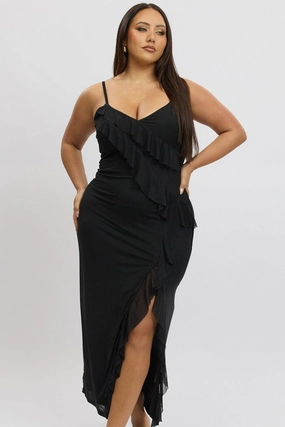 AntiFrayEdging Mood Friendly Black Frill Mesh Bodycon Maxidress