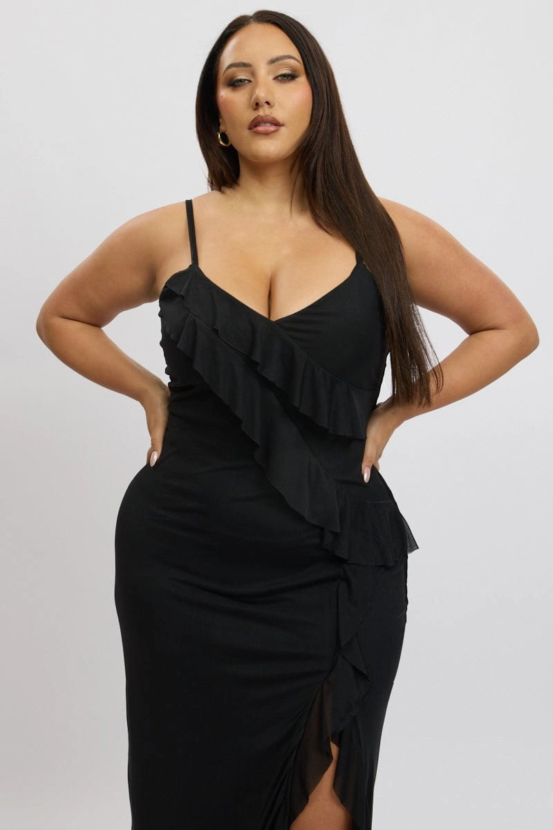 Formal Outfit Black Frill Mesh Bodycon Maxidress