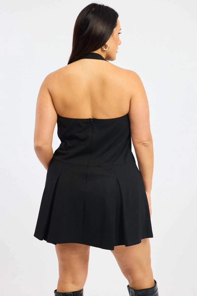 Front-Slit Holiday Wear Black Halter Neck Pleated Minidress