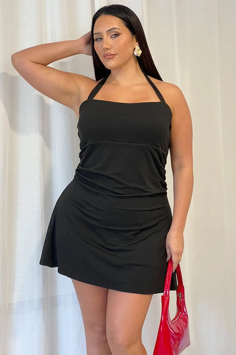 Summer Soft Black Jersey Halter Ruched Minidress