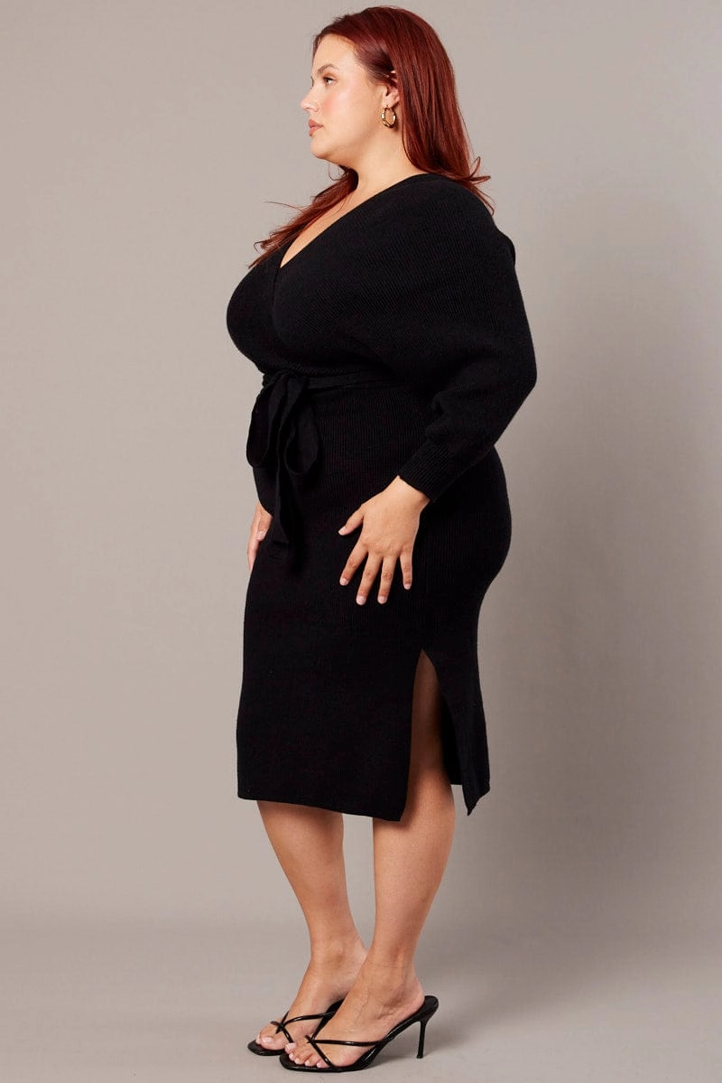 Black Knit Knee Length Dress classic waist