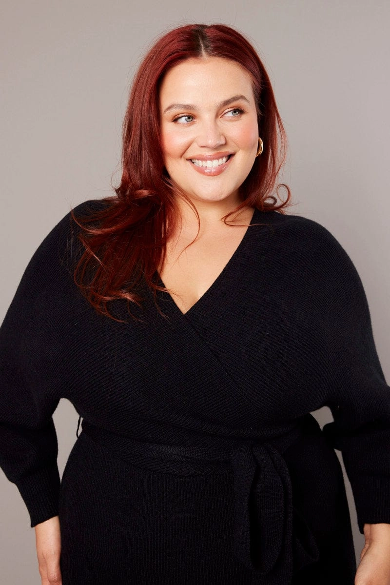 Black Knit Knee Length Dress Light Bow Night Mood