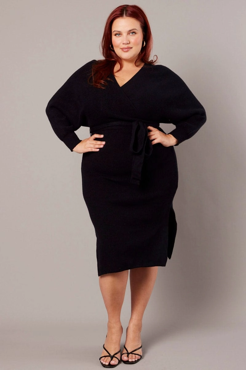 Black Knit Knee Length Dress Polite Tone