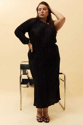 Black Plisse Pleat One Sleeve Dress Polished Look Breathable Wearable