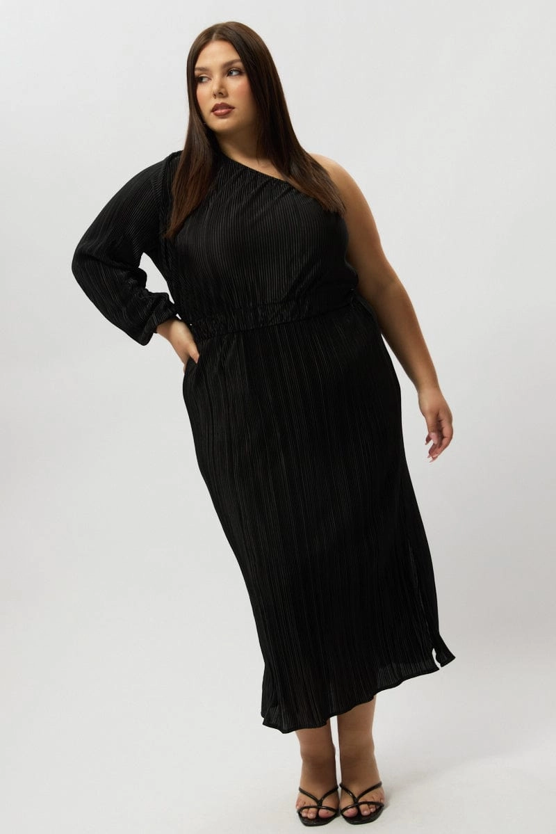 Relax Feel Urban Motion Black Plisse Pleat One Sleeve Dress