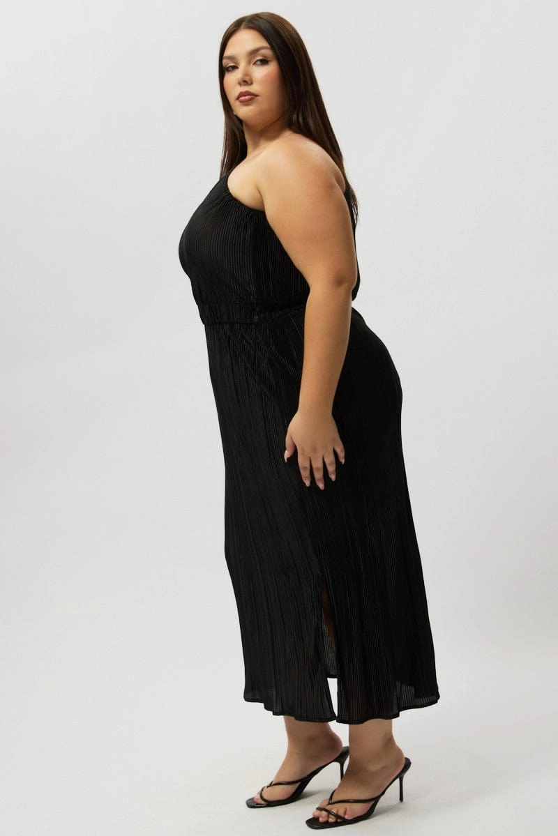 Comfortable office piece Black Plisse Pleat One Sleeve Dress