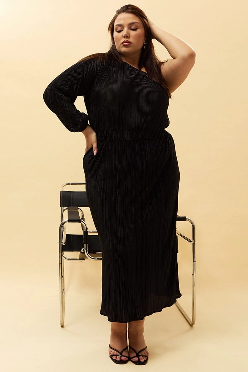 Black Plisse Pleat One Sleeve Dress Polished Look Breathable Wearable