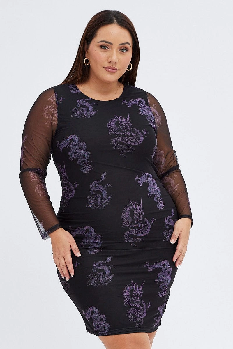 Black Print Mesh Dress Bodycon Dragon Knee Length Daywear Mood