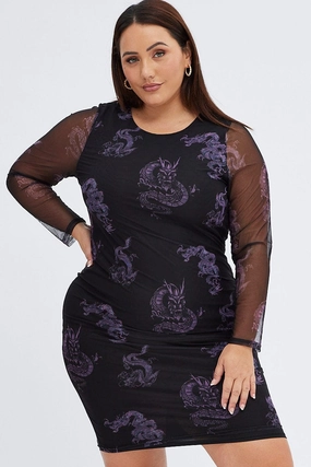 Black Print Mesh Dress Bodycon Dragon Knee Length Practical work-to-play piece