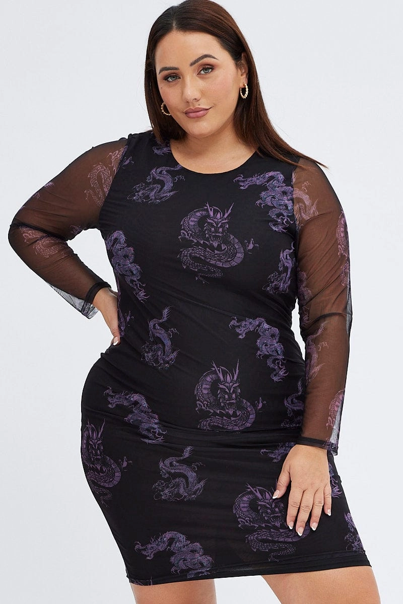 Black Print Mesh Dress Bodycon Dragon Knee Length Practical work-to-play piece