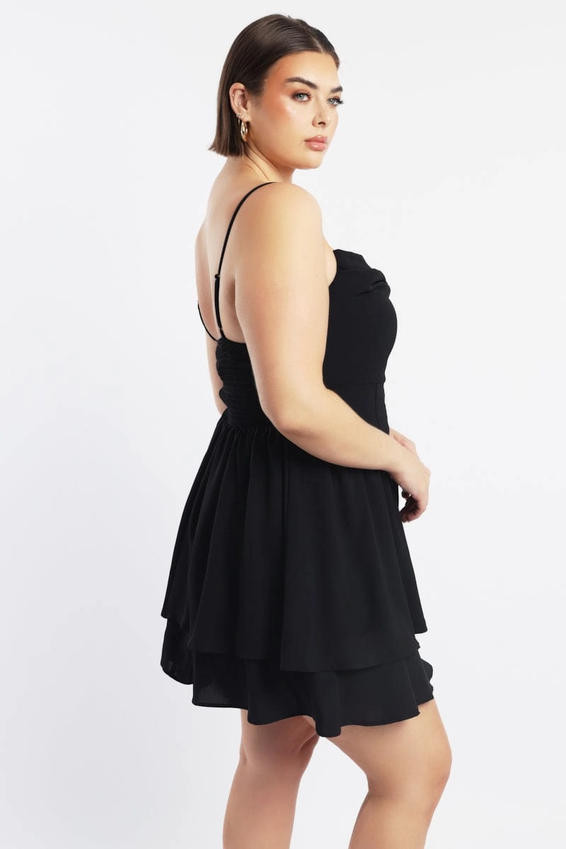 Feminine Design Black Shoestring Strap Cowl Neck Minidress