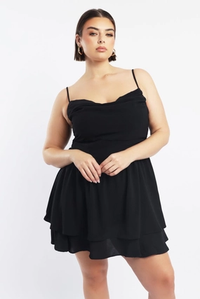 Balanced Lines Modern Waistband Black Shoestring Strap Cowl Neck Minidress