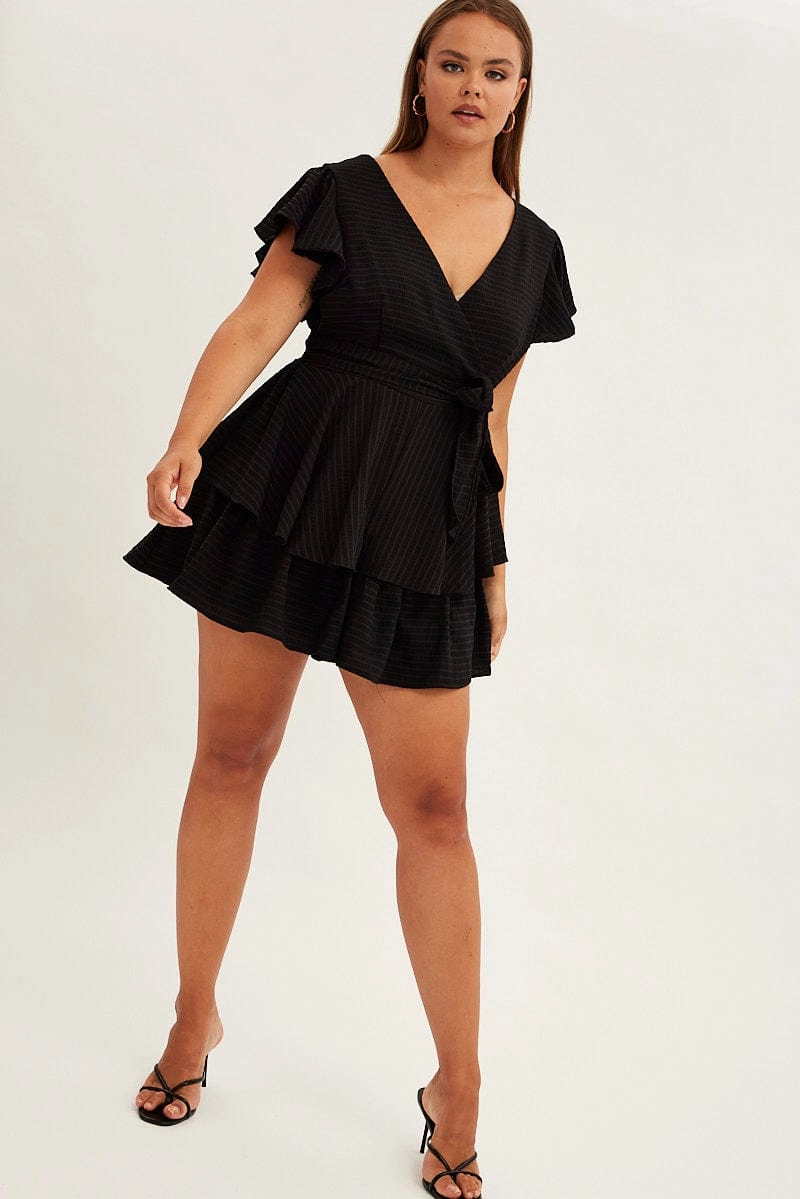 Black Short Playsuit Flare Sleeve Textured Stripe Shade Glow Trendy Design