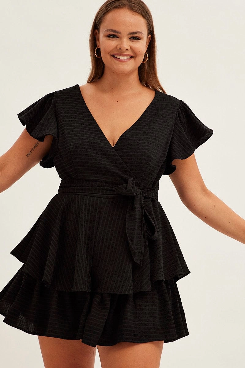 Mixed Fabric Understated Glam Black Short Playsuit Flare Sleeve Textured Stripe