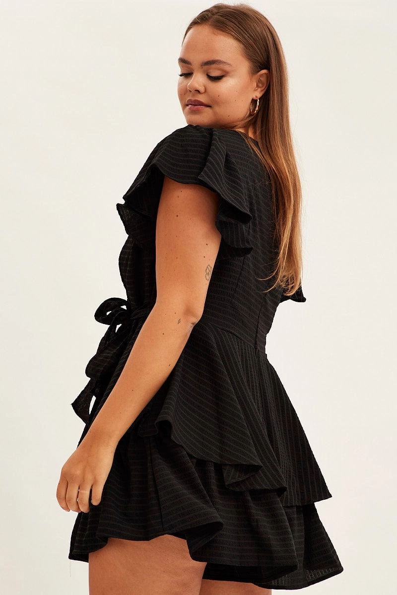 Layered Comfort Wear Trendy Layer Black Short Playsuit Flare Sleeve Textured Stripe