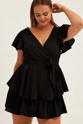 Black Short Playsuit Flare Sleeve Textured Stripe Garden-Party