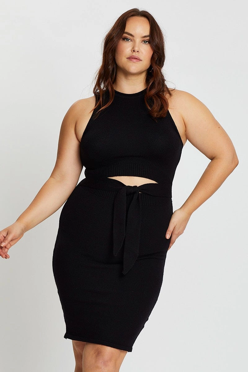 Black Sleeveless Tie Front Knitted Dress Button Accent