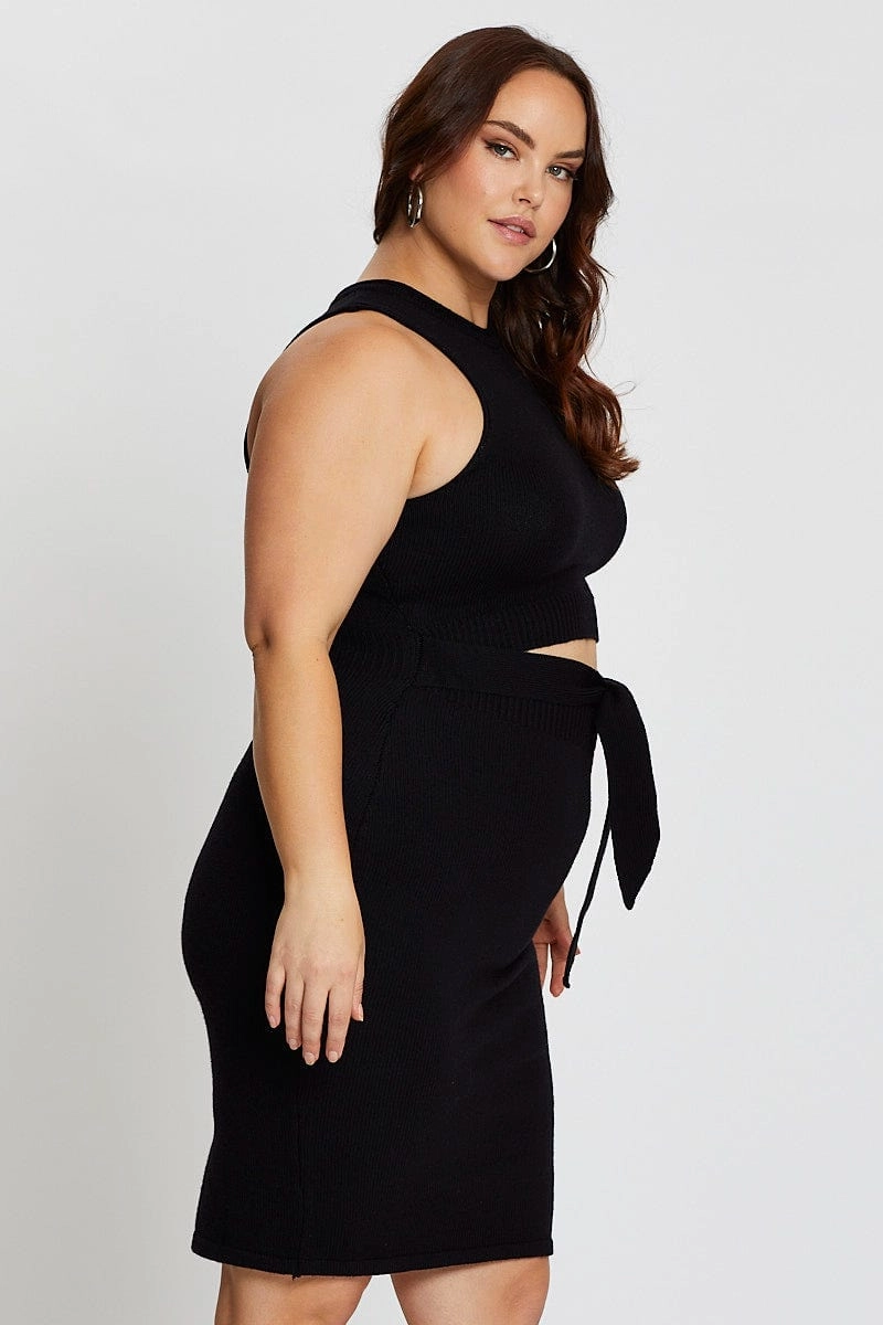 Lace-Trim Vibrant pattern Black Sleeveless Tie Front Knitted Dress