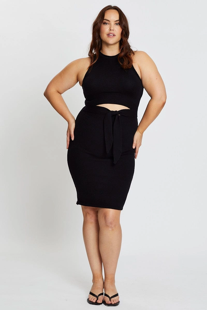 Wardrobe-Staple Flowing Layers Black Sleeveless Tie Front Knitted Dress