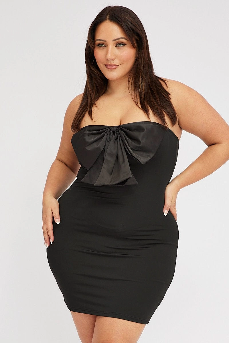 Black Strapless Bow Minidress With Gloves Geometric-pattern