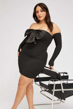 Elegant Touch Event Glow Black Strapless Bow Minidress With Gloves