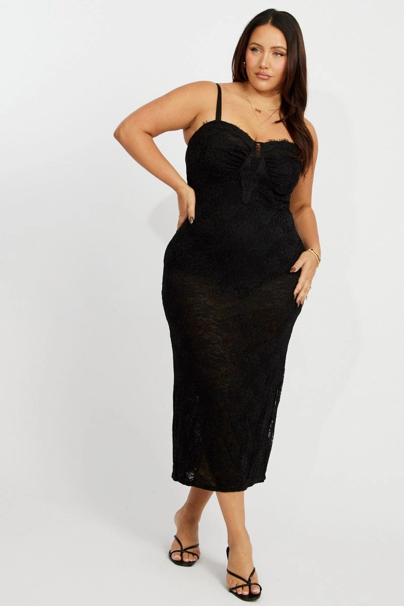 Black Stretch Lace Shoestring Bodycon Maxi Dress Trend Smart