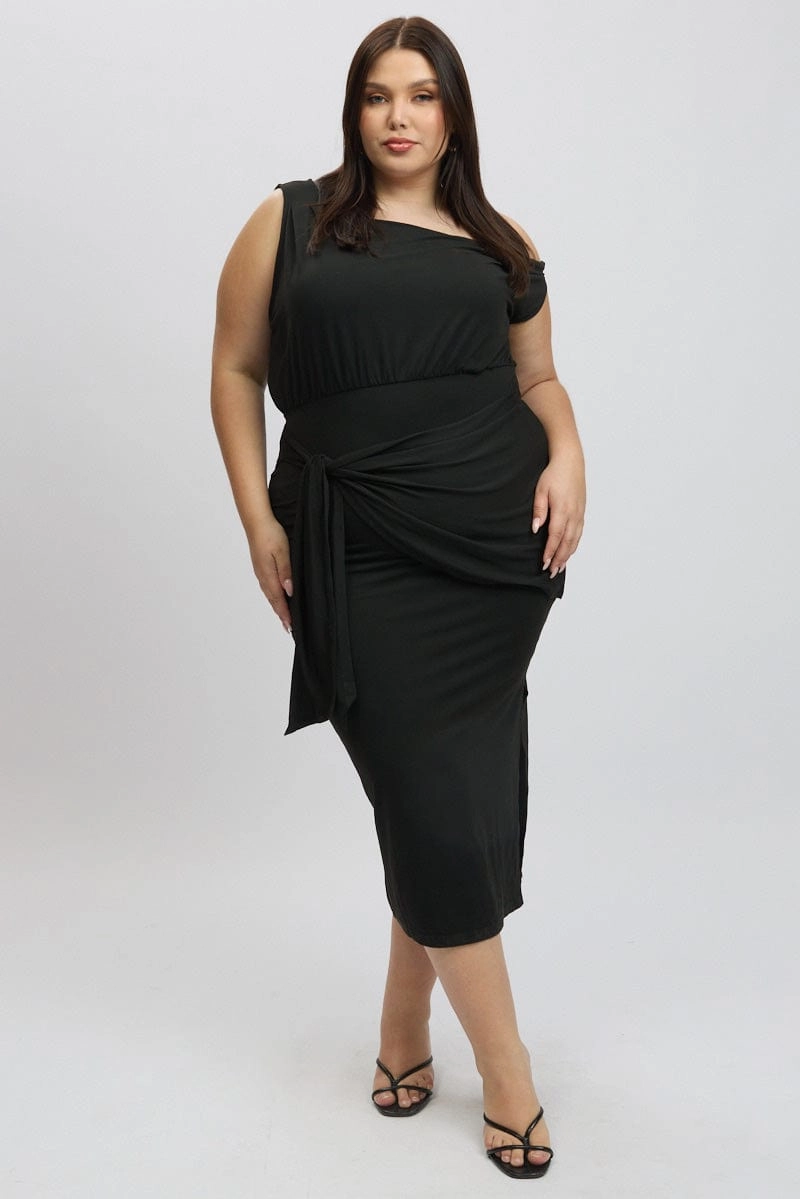 Black Tie Front Asymmetric Off Shoulder Dress Light Layers Layered Movement