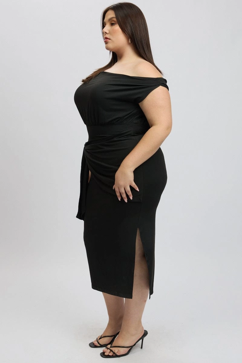 Trendy Layer Black Tie Front Asymmetric Off Shoulder Dress