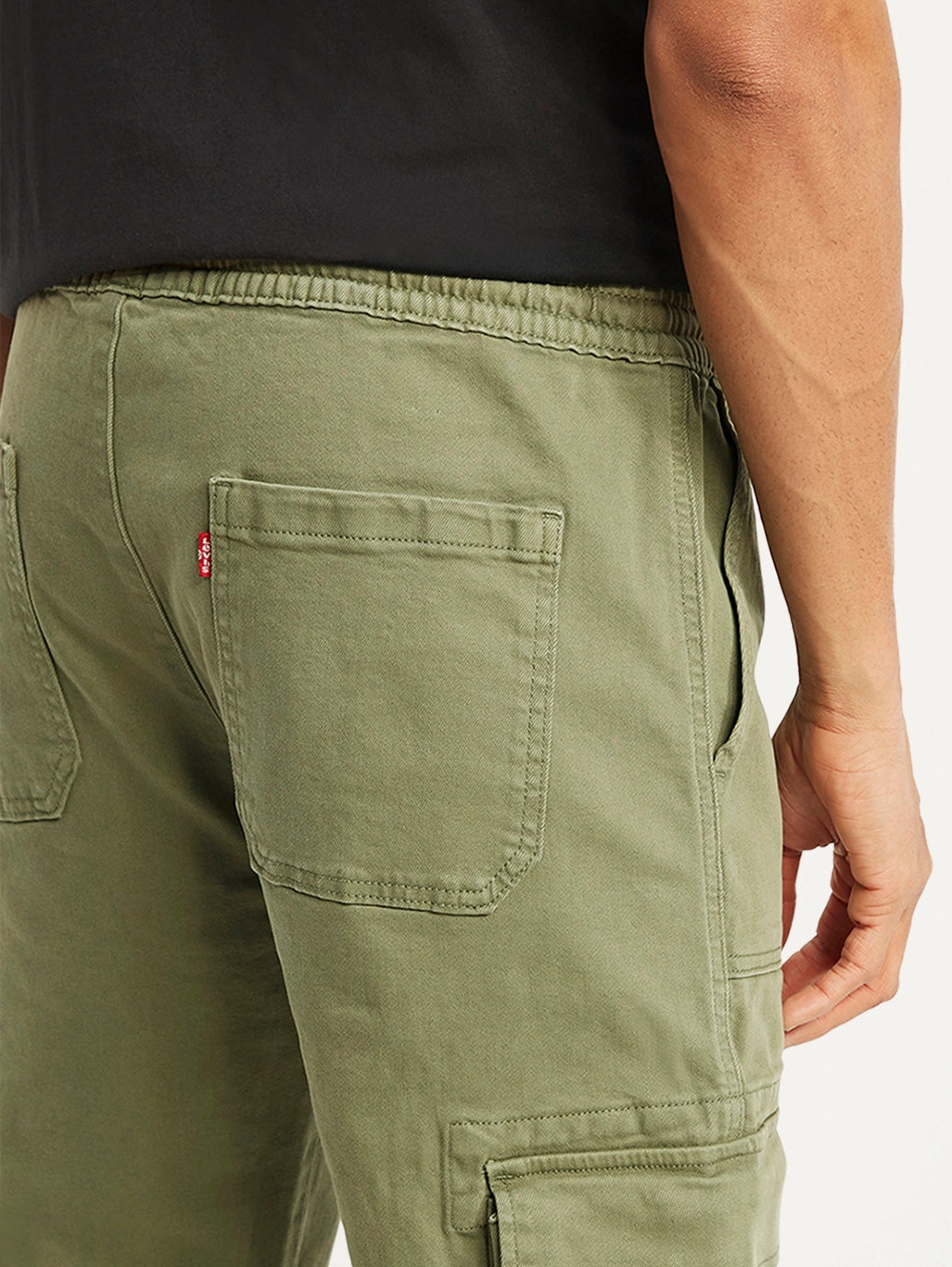 Men's Olive Loose Fit Cargo Trousers Embroidered Detail Weather Flex