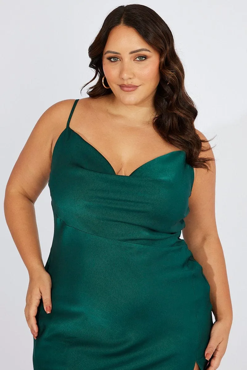 Refined Aesthetic Blue Cowl Midi Dress Satin Front Split