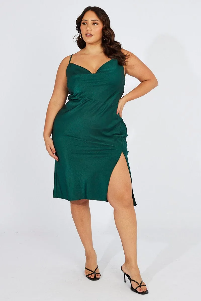 Functional Style Structured Fit Blue Cowl Midi Dress Satin Front Split