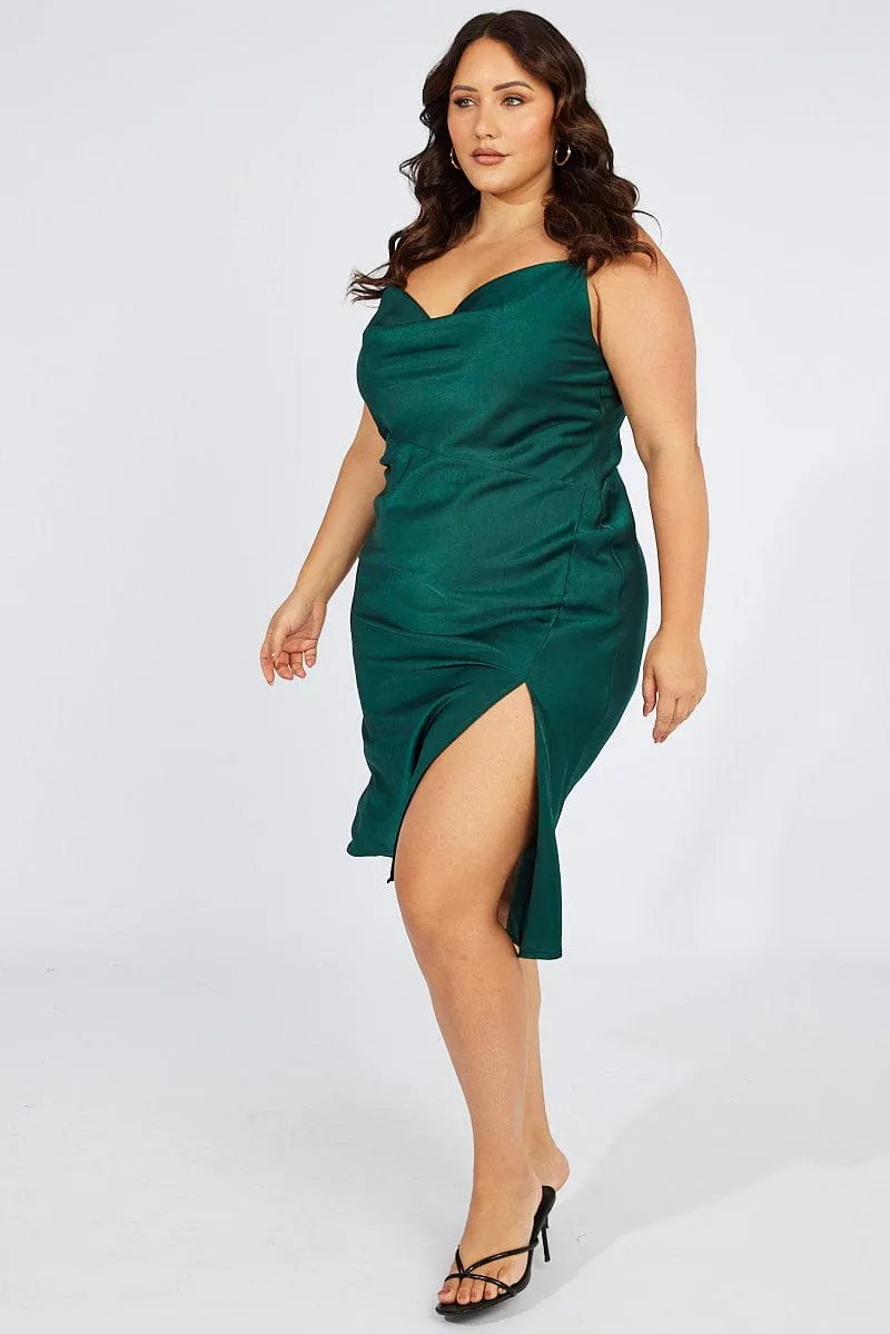 Blue Cowl Midi Dress Satin Front Split Minimal Core