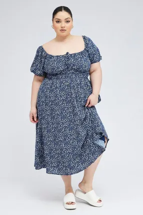 Blue Ditsy Midi Dress Short Sleeve Tiered Perfect For Work