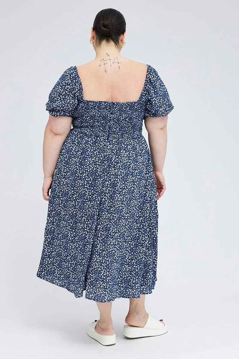Neutral Mood Blue Ditsy Midi Dress Short Sleeve Tiered