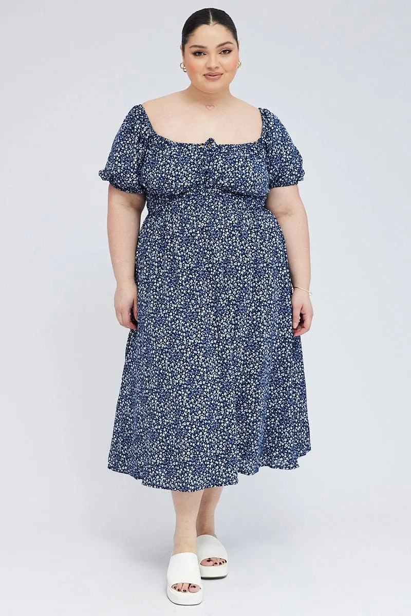 Blue Ditsy Midi Dress Short Sleeve Tiered Silk-Blend Love Soft