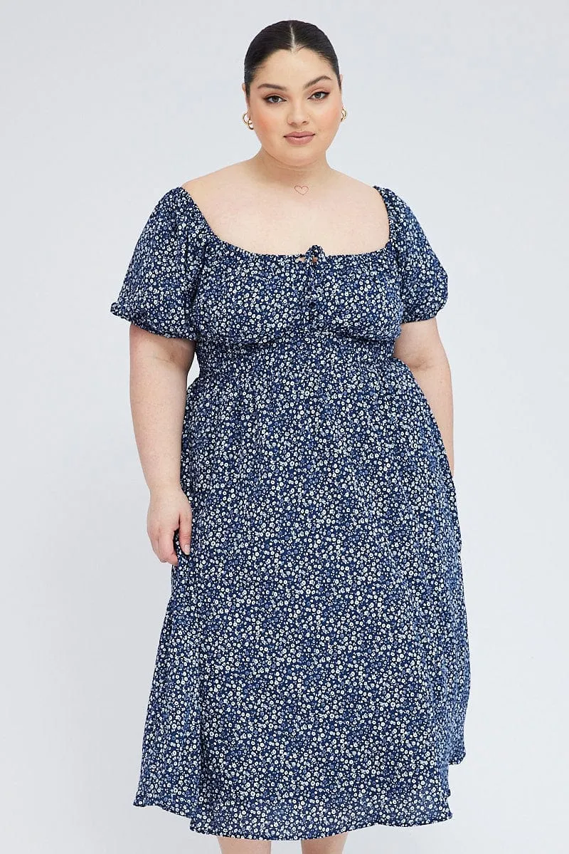 Trend Focused Blue Ditsy Midi Dress Short Sleeve Tiered