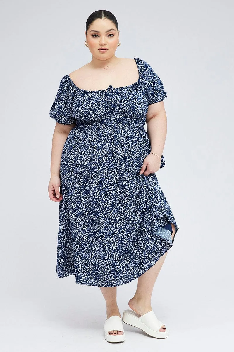 Blue Ditsy Midi Dress Short Sleeve Tiered Perfect For Work