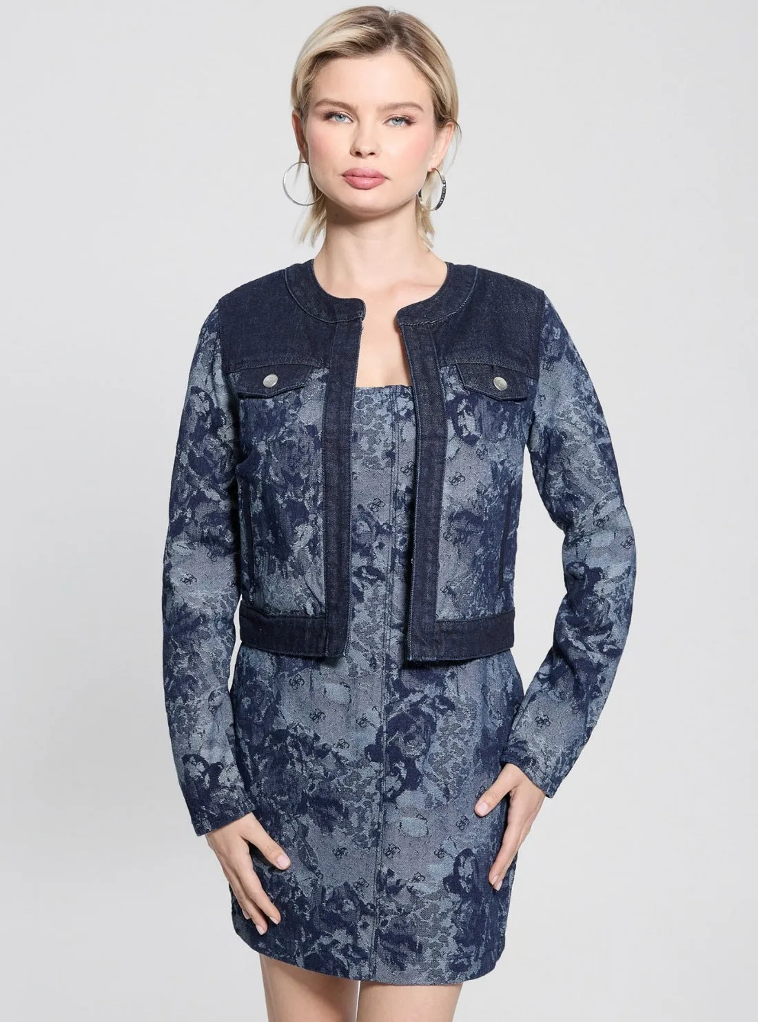 AdjustableCuffs Comfy Essentials Blue Finley Jacquard Denim Jacket