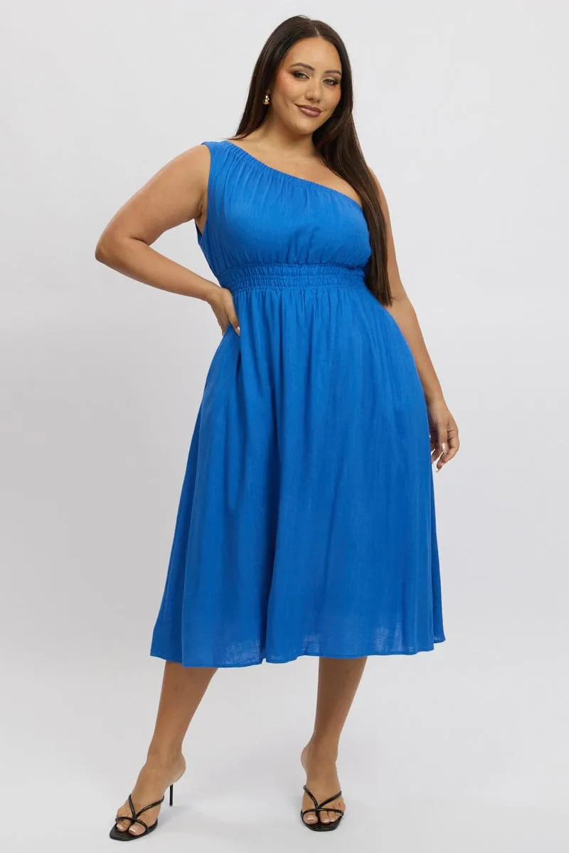 Light Coral Blue Midi Dress One Shoulder Linen Blend