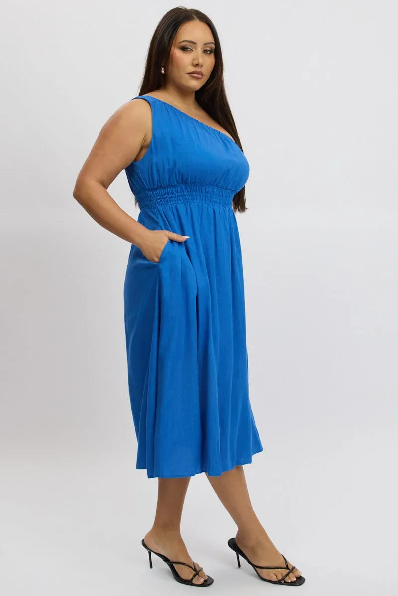 Fit for All Seasons Urban Spirit Blue Midi Dress One Shoulder Linen Blend