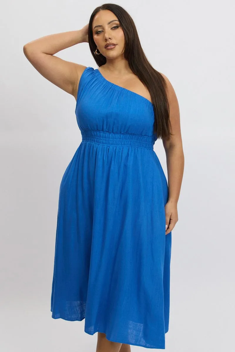 understated look Runway-Ready Blue Midi Dress One Shoulder Linen Blend