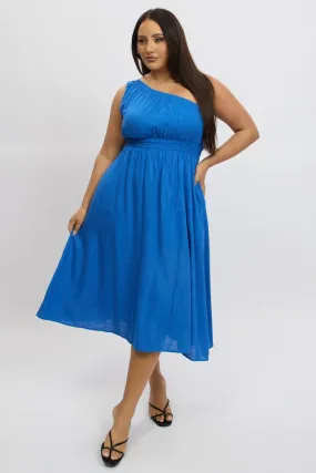 Blue Midi Dress One Shoulder Linen Blend Sophisticated Wear Photo Glow