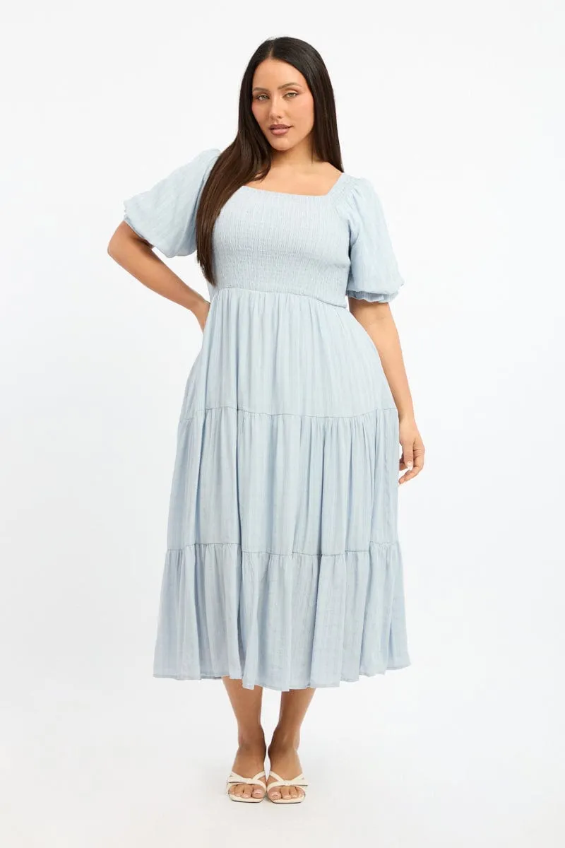 Dinner Outfit Blue Midi Dress Short Sleeve Shirred