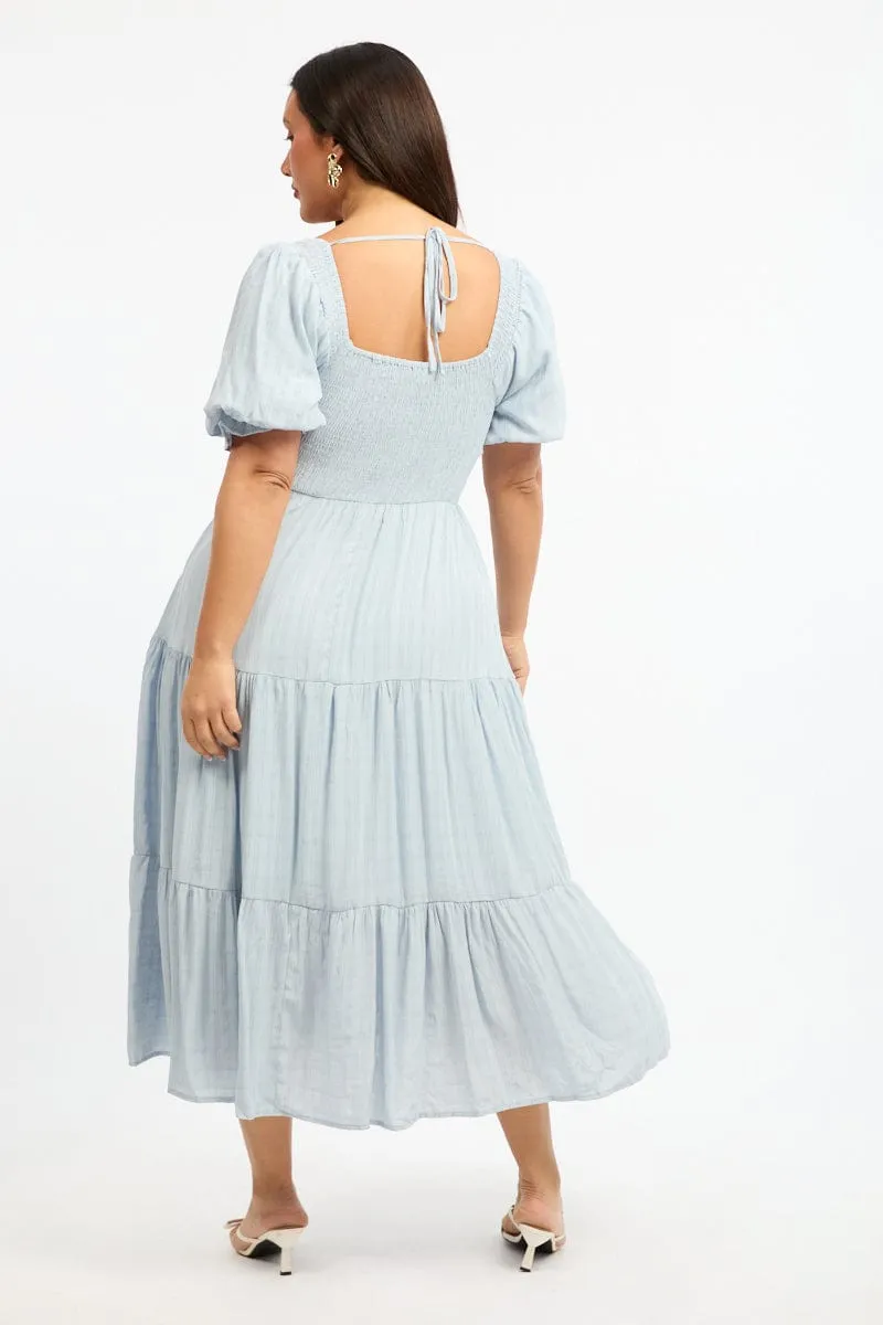 Blue Midi Dress Short Sleeve Shirred Comfortable Layering