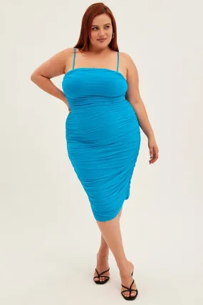 Classic Movement Blue Midi Dress Strapless Bodycon Mesh Ruched Side