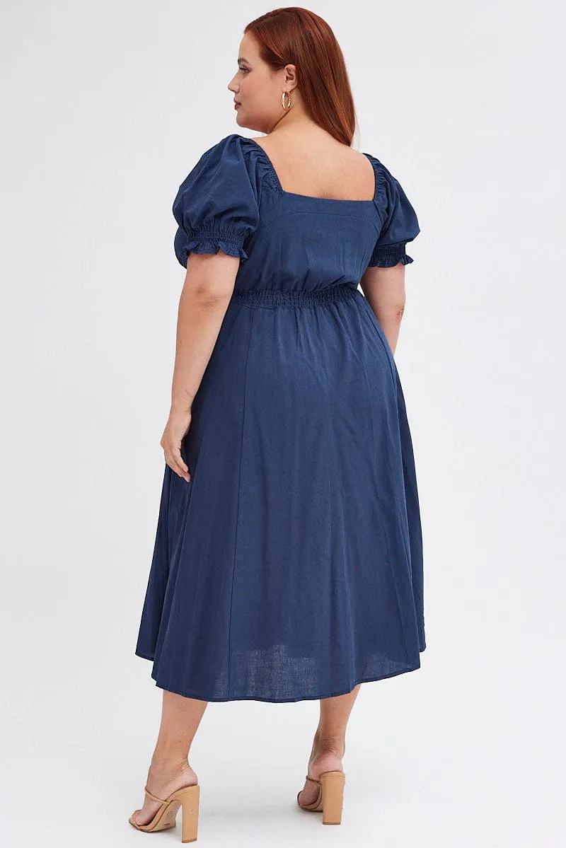 Draped-Style breathable-mesh Blue Tie Front Button Midi Dress