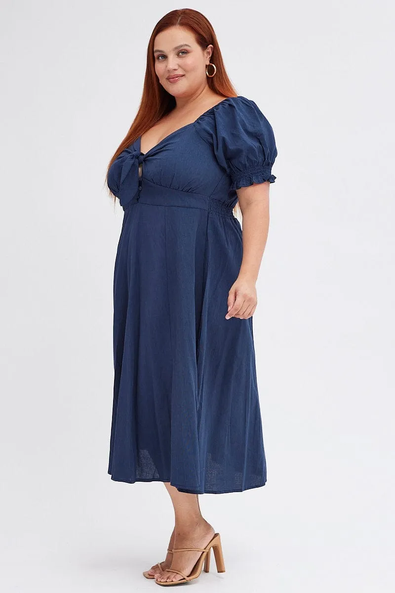 Airy Layer Blue Tie Front Button Midi Dress